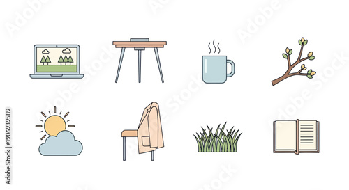 Cozy Home Office Icons: Laptop, Desk, Coffee, Nature, Chair, Book
