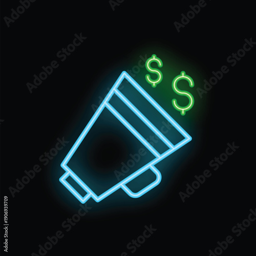 Blue neon megaphone is announcing a money making opportunity with green dollar signs