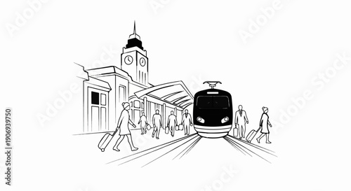 People with luggage at train station with approaching train and clock tower
