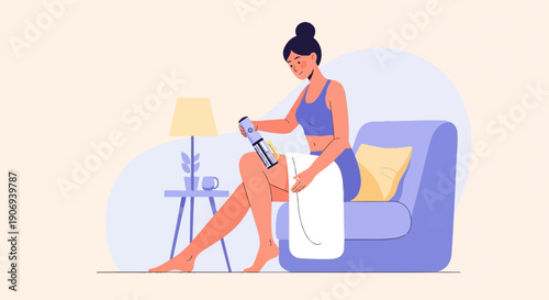 Person applying lotion to leg on sofa, lamp and plant nearby