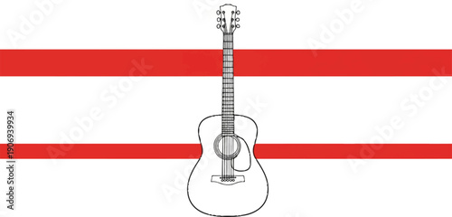 Outline of an acoustic guitar against a white background with two red horizontal stripes
