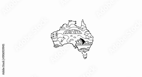 Outline of Australia filled with iconic landmarks, kangaroo, and clouds