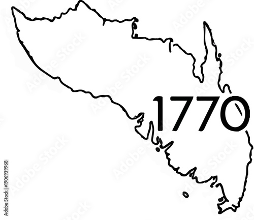 Outline of a landmass with the year 1770 superimposed