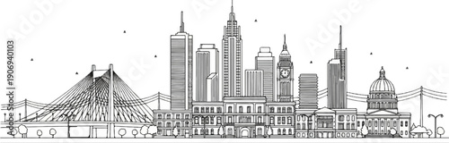Outline of a city skyline featuring tall buildings, a clock tower, and a domed structure