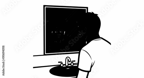 Person gazes into bathroom mirror at their reflection in black and white