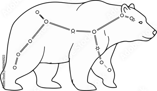 Outline of a bear with constellation lines and stars drawn on its body