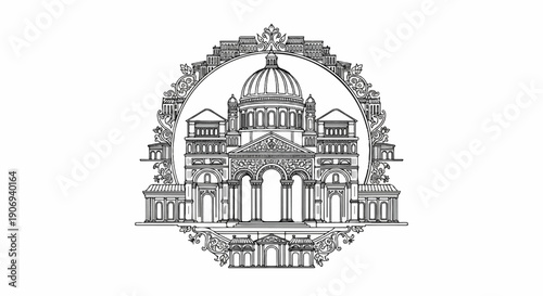 Ornate illustration of a grand domed building with classical architectural elements