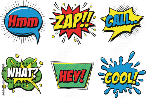 Colorful comic book sound effect bubbles with retro action words