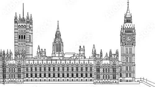 Ornate Gothic Revival building with tall spires and a clock tower