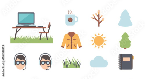 Illustration of outdoor workspace icons: laptop, coffee, jacket, trees, sun, and people