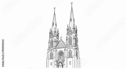 Ornate Gothic cathedral with twin spires and rose window