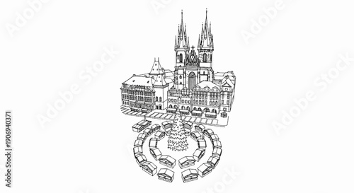 Ornate gothic cathedral with twin spires overlooks a festive market square