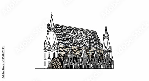 Ornate gothic cathedral with detailed patterned roof and spires