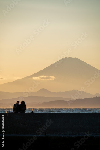 A couple gazing at Mount Fuji silhouetted against the evening sky