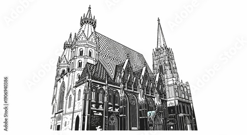 Ornate Gothic cathedral with detailed spires and patterned roof