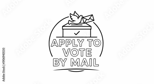 Outline graphic with ballot box, dove carrying mail, and text for mail-in voting