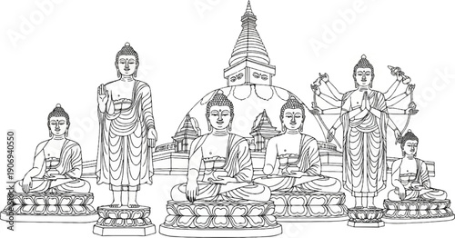 Outline drawing of multiple Buddha statues and a stupa structure