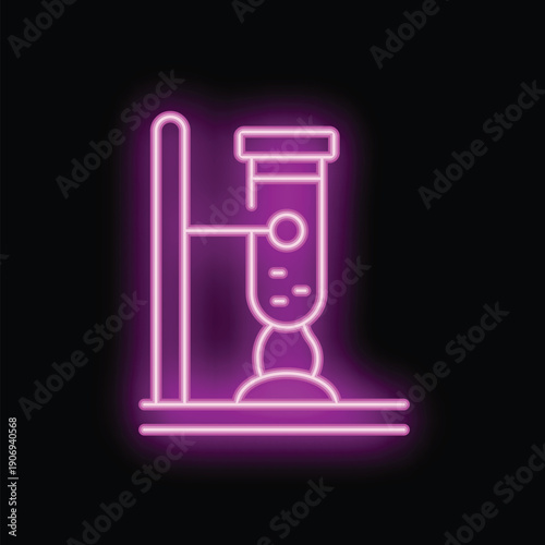Neon icon of a chemical flask with a bubbling solution on a stand, glowing brightly against a dark background