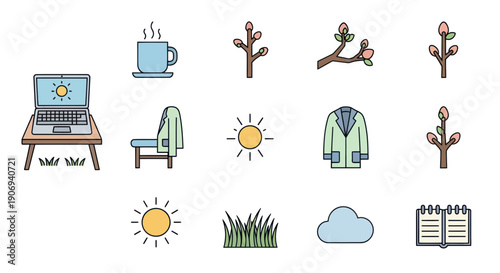Spring Icons: Laptop, Coffee, Willow Branches, Sun, Coat, Grass, Cloud, Calendar