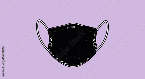 Minimalist illustration of a black face mask with ear loops on a light purple background