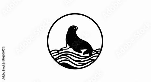 Minimalist graphic of a seal resting on waves inside a circle