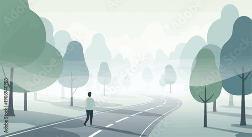 Lone figure walks down a misty, winding road bordered by stylized trees