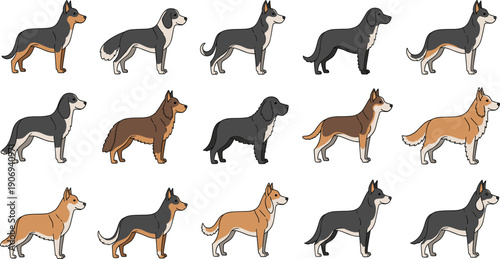 Cute Dog Cartoon Illustration Set with Multiple Breeds in Side View Poses, Friendly Domestic Canine Pets, Clean Flat Design Style, and Animal Character Collection