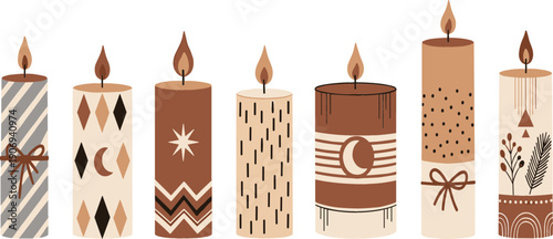 Decorative candles collection with boho patterns and warm tones, cozy home decor elements for relaxation and celebration cartoon flat vector illustration isolated on white background