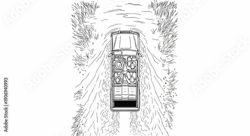 Overhead view of an off-road vehicle navigating a rough, grassy terrain
