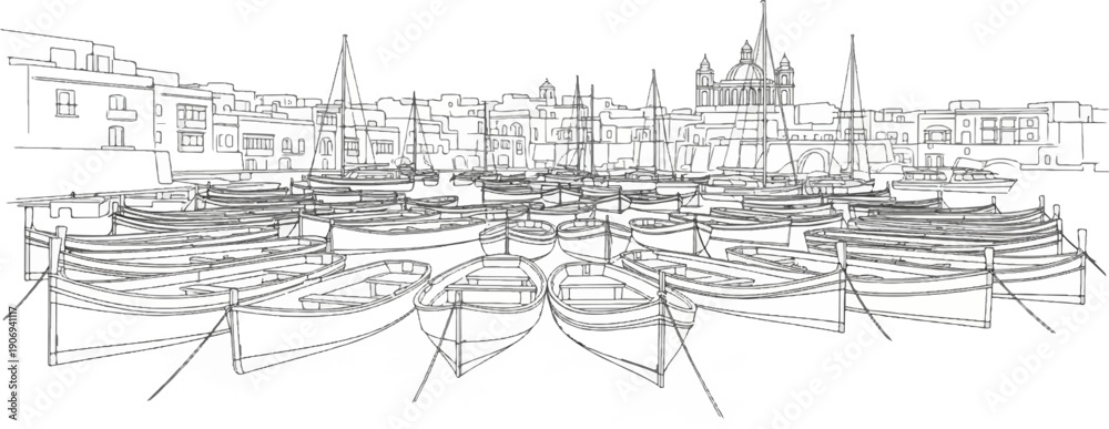 Fototapeta premium Numerous small boats moored in a harbor with buildings in background