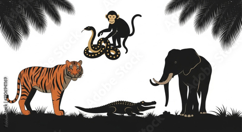 Collection of Wild Animals Including Tiger Elephant Monkey Snake and Crocodile.