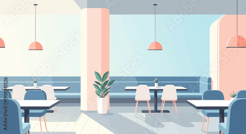 Minimalist cafe interior with blue booths, white tables, and pastel decor