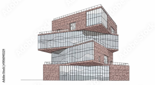 Modern multi-level building with stone facade and glass windows