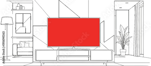 Modern living room interior with abstract art, a sofa, and a plant