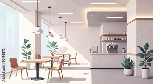 Minimalist cafe interior with light wood tables, chairs, and plants