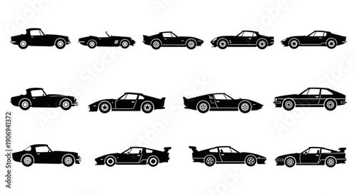 Collection of Vintage Sports Cars Silhouettes Vector Art.