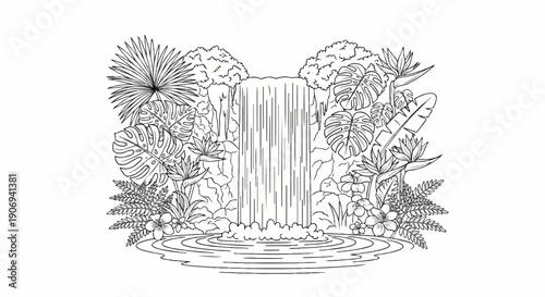 Lush tropical waterfall with vibrant flora and cascading water