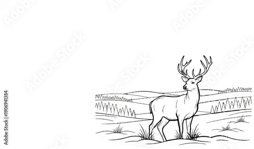 Majestic buck with impressive antlers stands in a snowy, rolling landscape with trees