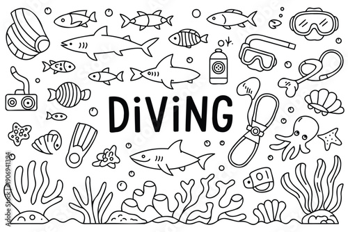 Hand Drawn Diving and Underwater Adventure Doodle Set – Marine Exploration Vector Illustration.