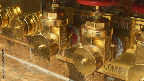 Valve fire inspection overview, inspecting brass valves and fittings, detailed examination of brass valves and gaskets, mechanical brass valve with threaded fittings and fire safety check scene