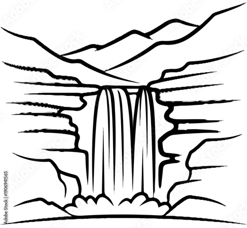 Majestic waterfall cascades over rocky cliffs into a misty pool amidst rugged hills