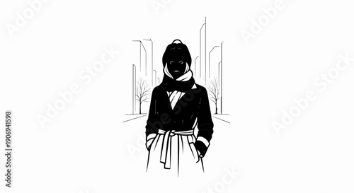 Person in a coat and scarf stands on a street with buildings