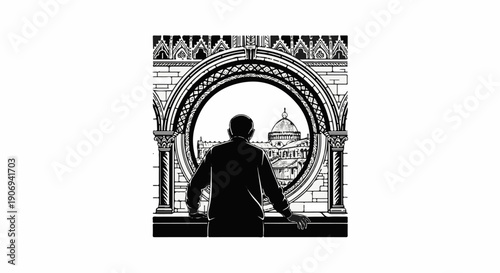 Man in silhouette looks out large circular window at distant dome structure