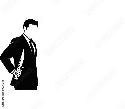 Man in suit holding a knife behind his back, stylized silhouette