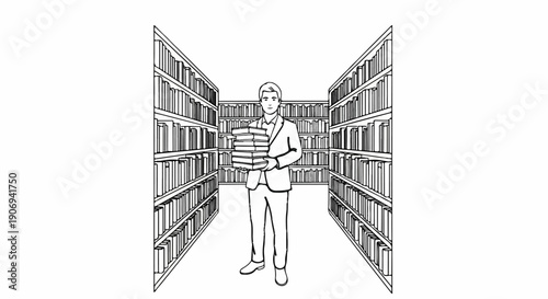 Man in suit holding stack of books in a library aisle