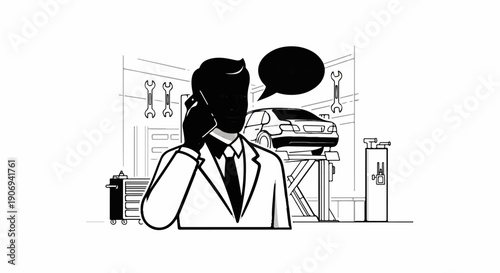 Man in suit on phone in garage with car on lift and tools