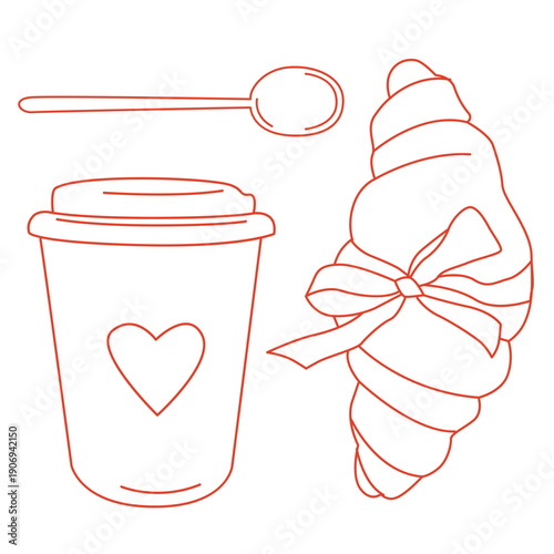 Hand-drawn illustrations of croissant with a bow and takeaway coffee cup and spoon in modern line art style on white background