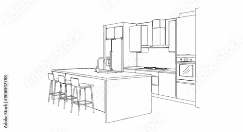 Minimalist kitchen illustration with island, bar stools, and appliances