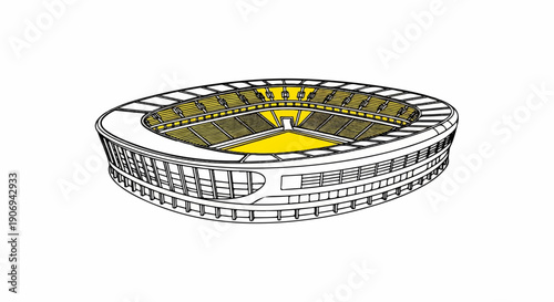 Outline drawing of a large, modern stadium with yellow field and seats