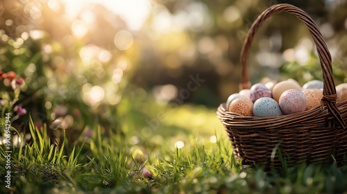 Easter Basket with Colorful Eggs in Spring Grass